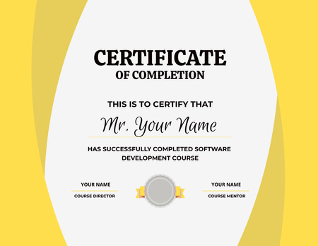 Software Development Course Completion Award in Yellow Certificate Design Template