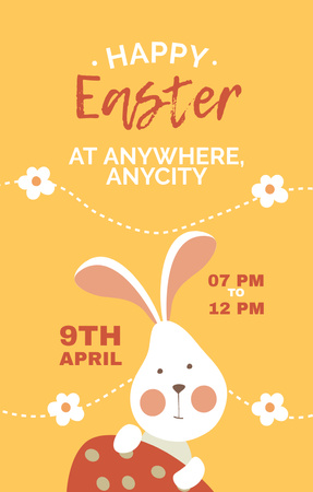 Plantilla de diseño de Easter Celebration Announcement with Cute Rabbit Holding Dyed Egg Invitation 4.6x7.2in 