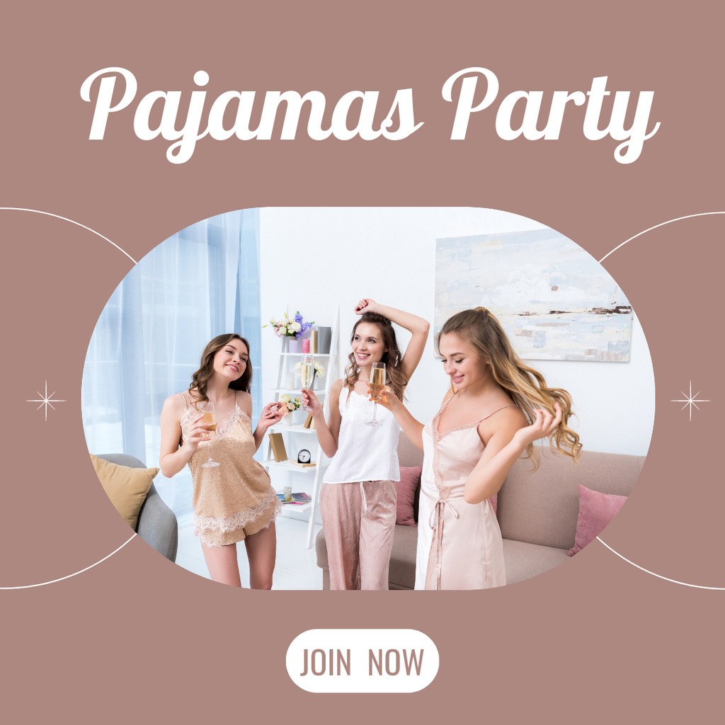 Bright Pajama Party Announcement with Cheerful Young Women Instagramデザインテンプレート