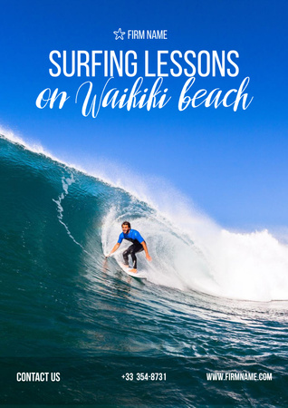 Designvorlage Surfunterrichtsanzeige mit Mann auf großer Welle für Poster