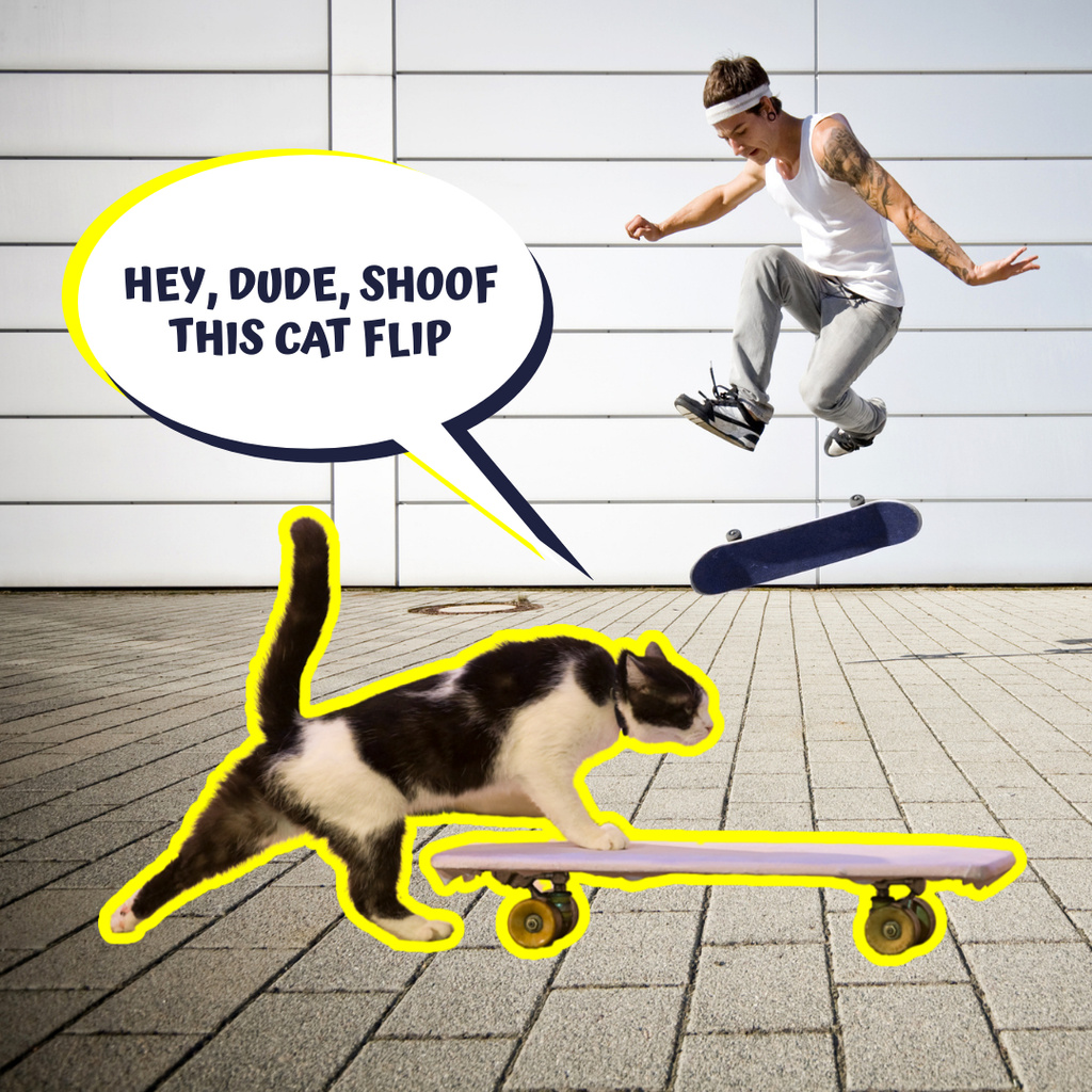 Funny Illustration of Cat on Skateboard Instagram Modelo de Design