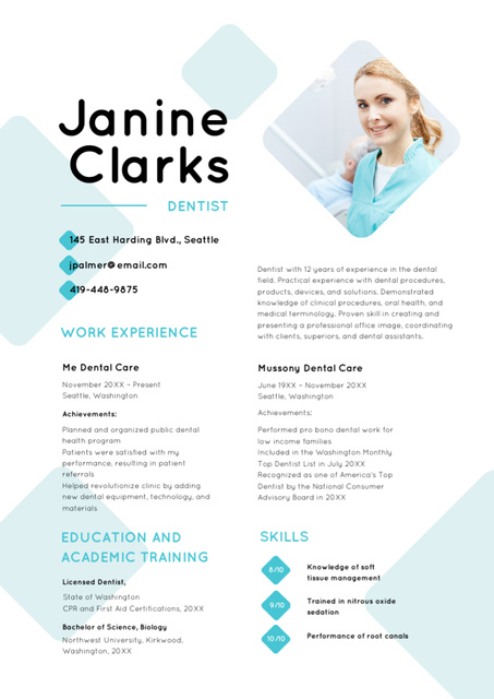 Template di design Dentist skills and experience Resume