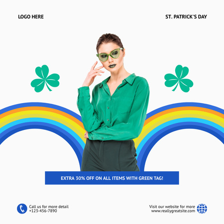 St. Patrick's Day Sale Announcement with Beautiful Young Woman Instagram Design Template