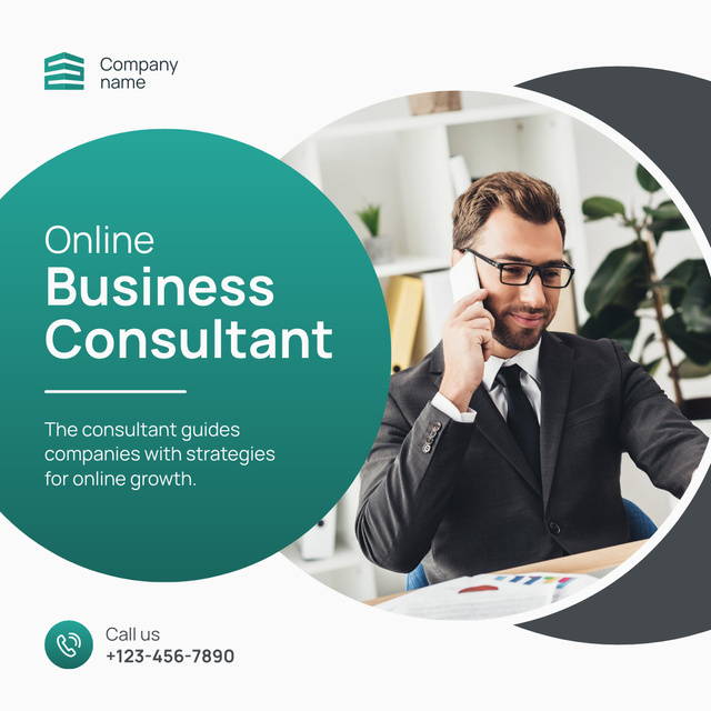 Plantilla de diseño de Business Consulting Services with Businessman talking by Phone LinkedIn post 