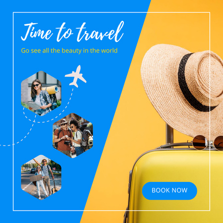 Designvorlage Reisebüro-Promotion mit Koffer und Hut für Instagram