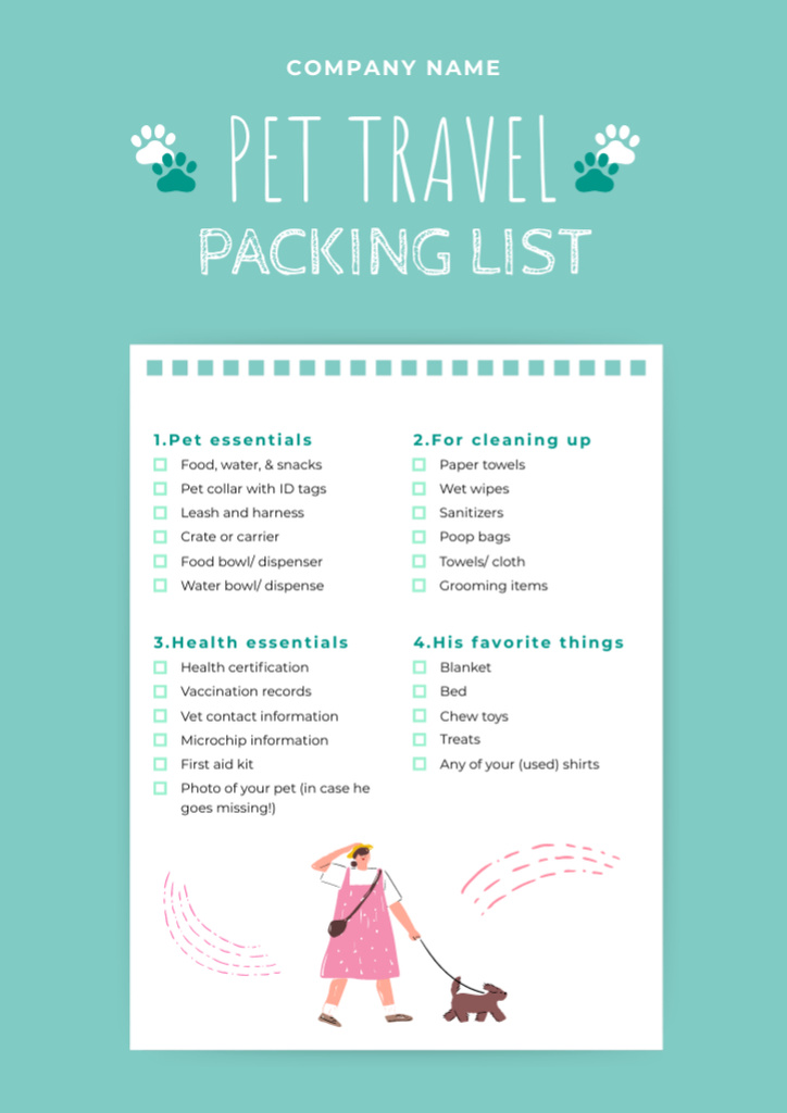 Pet Travel Packing List With Details Schedule Planner Design Template