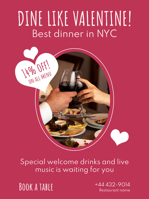 Offer of Festive Dinner on Valentine's Day Poster US – шаблон для дизайна