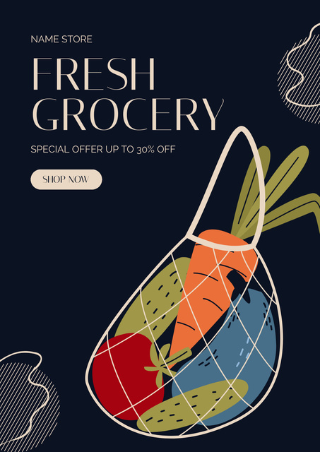 Illustrated Fruits And Veggies In Bag Sale Offer Poster Design Template