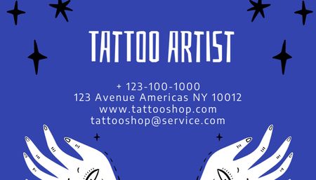 Template di design Servizi del tatuatore con l'illustrazione in blu Business Card US