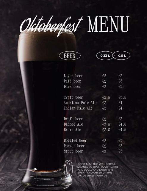 Authentic Oktoberfest Dark Beer Types Offer Menu 8.5x11in tervezősablon