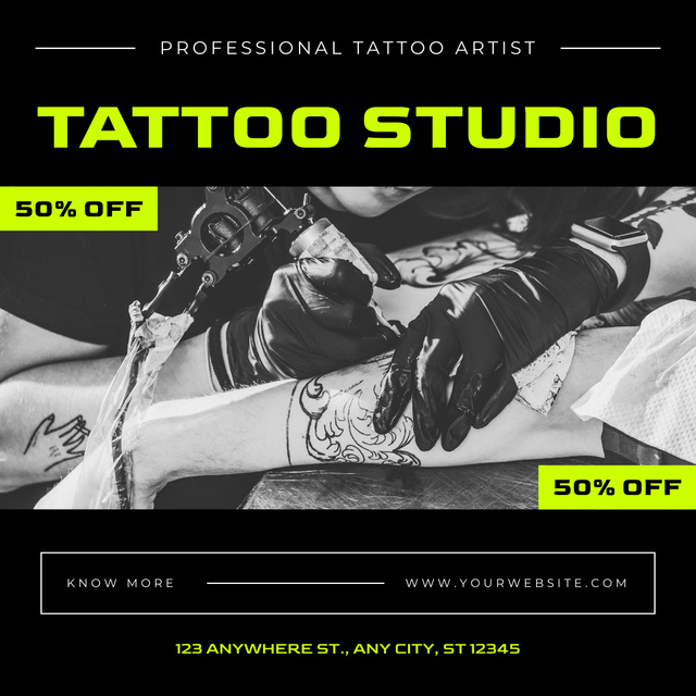 Designvorlage Tattoo Studio With Professional Artist Service And Discount Offer für Instagram