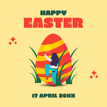 Plantilla de diseño de Felices saludos de Pascua con niña y huevo de Pascua brillante Instagram 