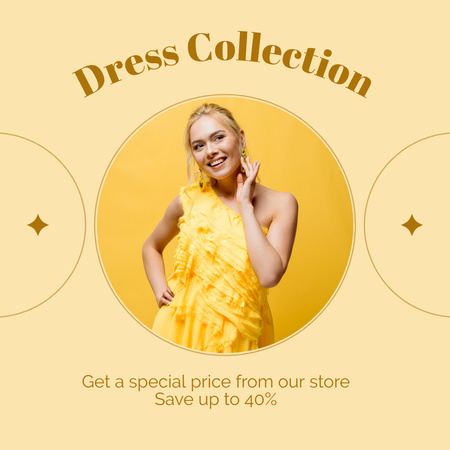 Ontwerpsjabloon van Instagram van Aankondiging jurkcollectie met vrouw in gele outfit