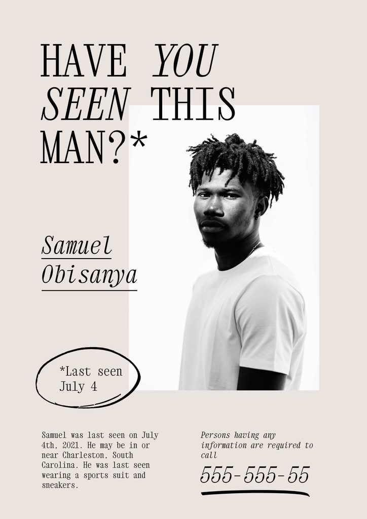 Beige Announcement of Missing Person Poster – шаблон для дизайну