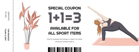 Sport Items Offer with Woman doing Exercises Coupon Design Template