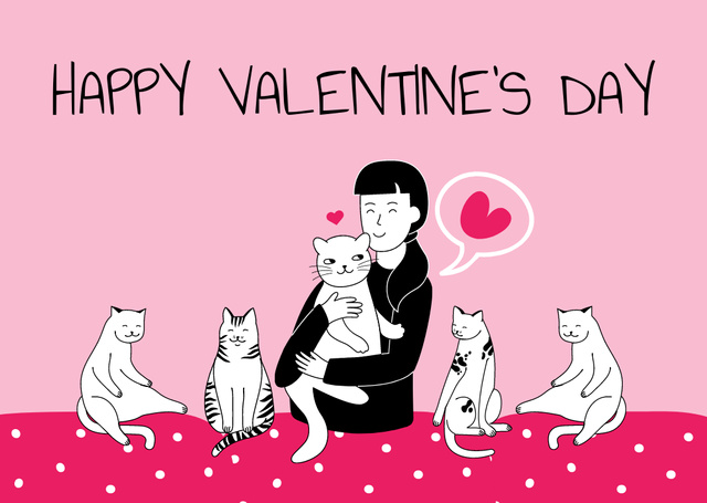 Happy Valentine's Day Greeting with Woman and Cute Cats Card Tasarım Şablonu