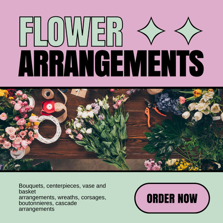 Flower Arrangements Service Offer with Fresh Flowers for Bouquets Instagram Design Template
