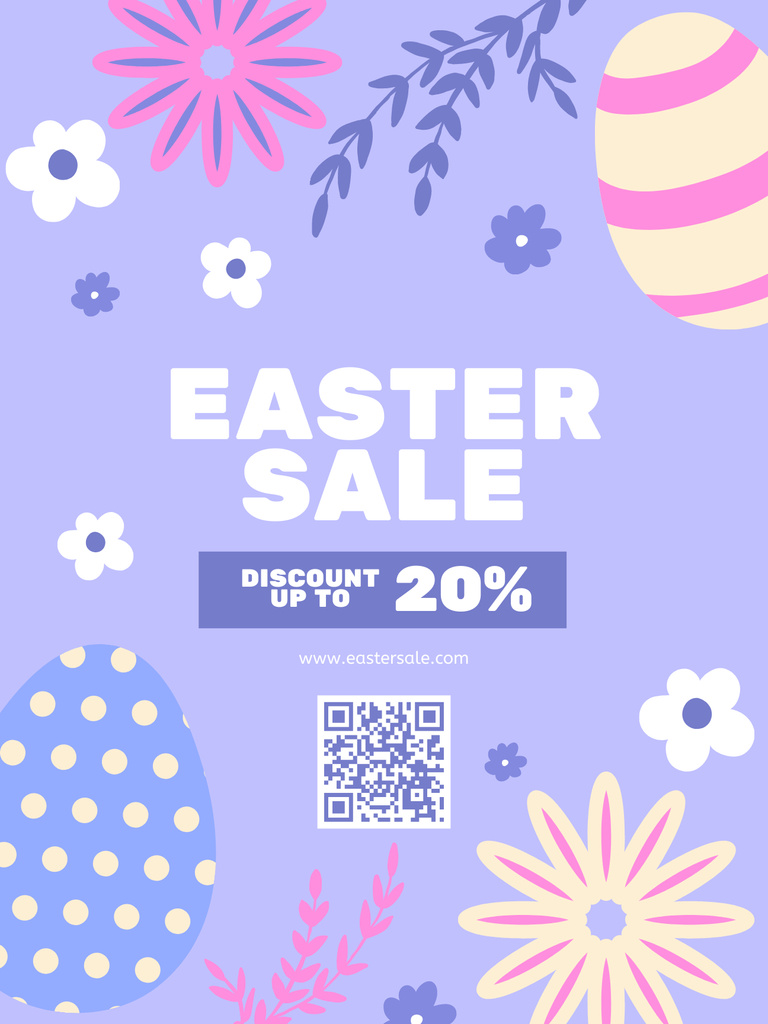 Easter Sale Announcement with Painted Eggs and Flowers on Purple Poster USデザインテンプレート