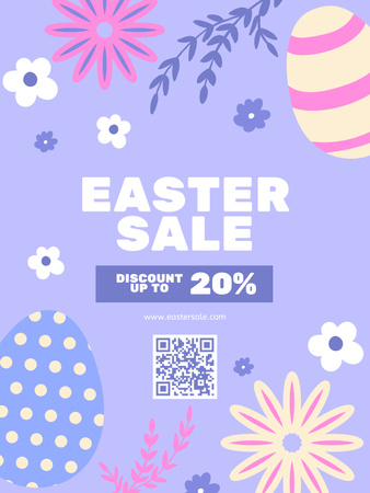 Modèle de visuel Annonce de vente de Pâques avec des oeufs peints et des fleurs sur violet - Poster US
