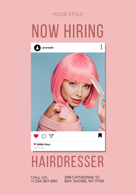 Plantilla de diseño de Hairdresser Vacancy Ad with Woman in Pink Wig Poster 28x40in 