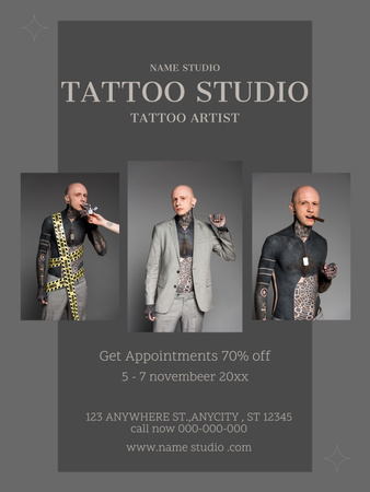 Designvorlage Atemberaubende Tattoos mit Rabatt im Studio vom Künstler für Poster US