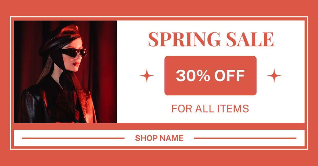 Plantilla de diseño de Spring Sale with Young Woman in Glasses Facebook AD 