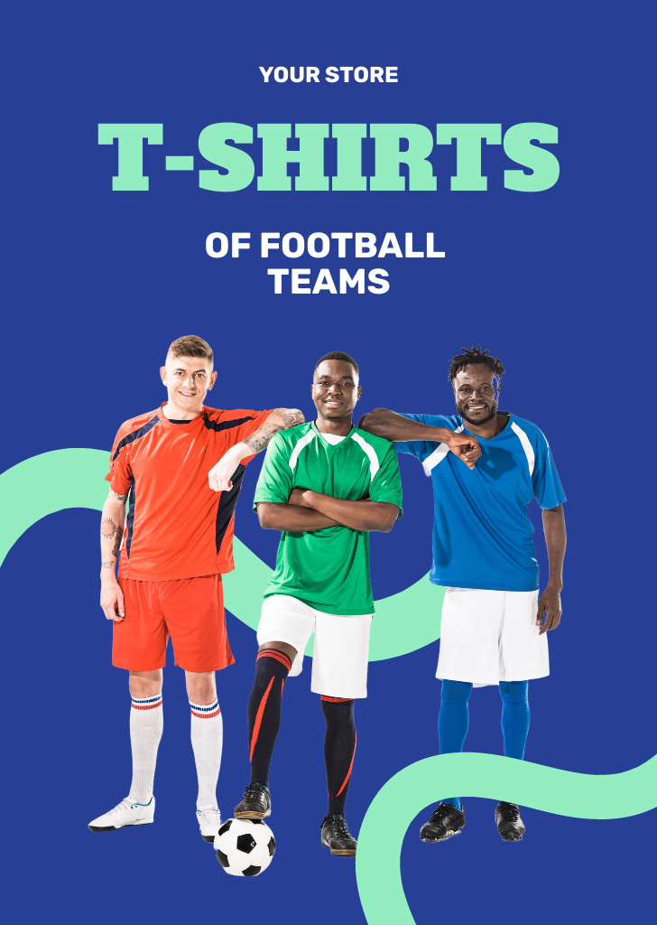 Designvorlage Football Team Uniform Sale Offer with Football Players on Blue für Flyer A6