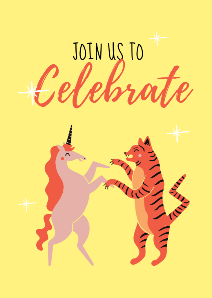 Designvorlage Funny Tiger and Unicorn Dancing at New Year Celebration für Postcard 5x7in Vertical