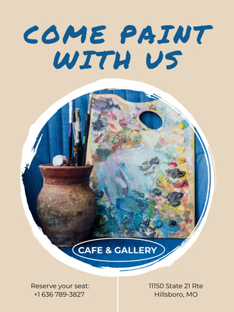 Яскраве кафе та галерея з фарбами та пензлями Poster US – шаблон для дизайну