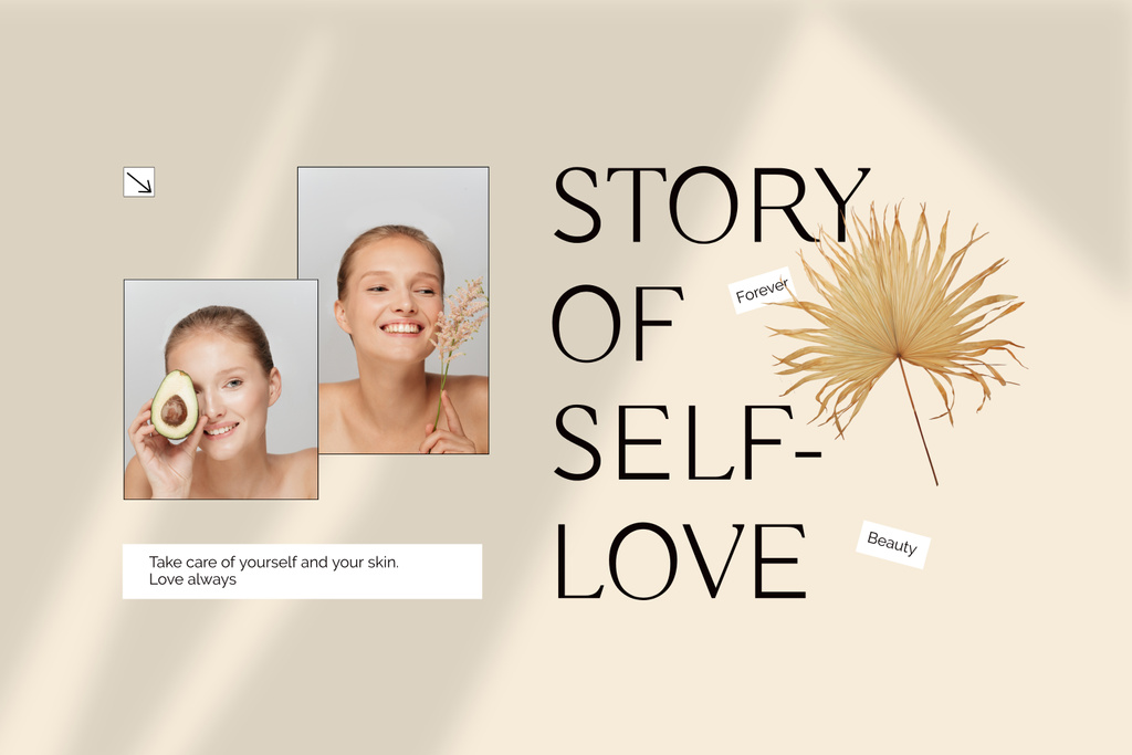 Self Love Inspiration with Beautiful Smiling Woman Mood Board Design Template