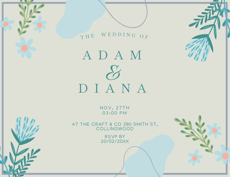 Template di design Wedding Celebration Announcement Blue and Green Floral Invitation 13.9x10.7cm Horizontal