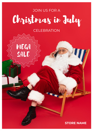 Ontwerpsjabloon van Flayer van  Christmas Sale in July with Santa Claus Sitting on a Chaise Lounge