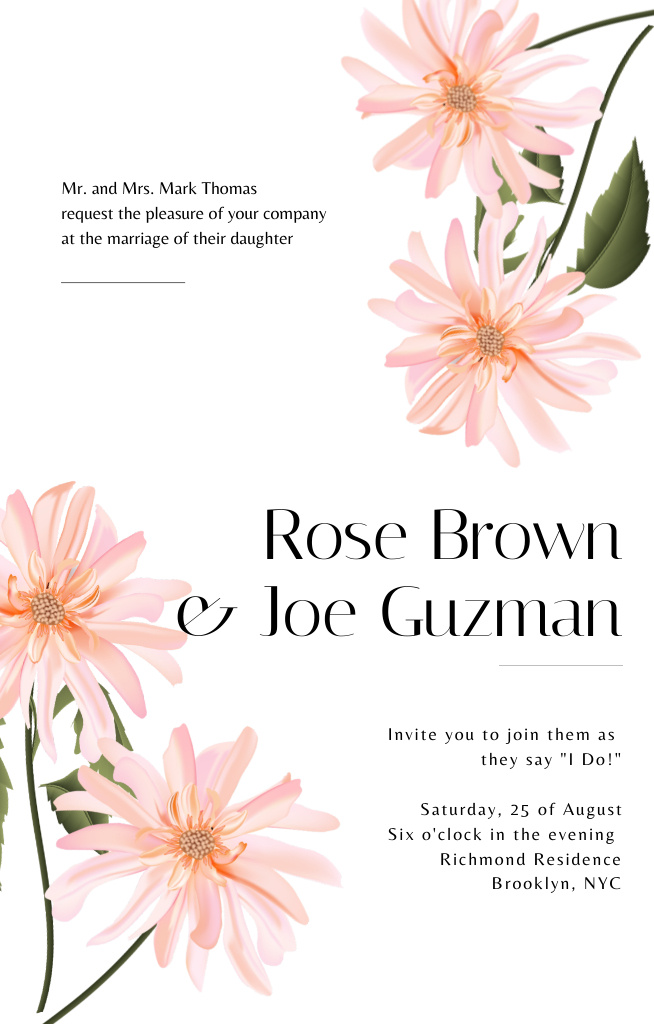 Wedding Celebration Announcement With Flowers Invitation 4.6x7.2in Design Template