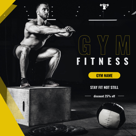 Fitness Center Ad with Strong Muscular Man Instagram Design Template