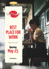 Ad of Best Places for Work with Woman drinking Coffee in Cozy Cafe