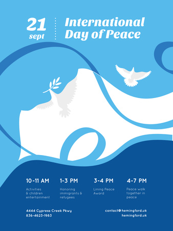 kansainvälinen rauhan päivä kyyhkyslintujen kanssa sinisellä Poster US Design Template