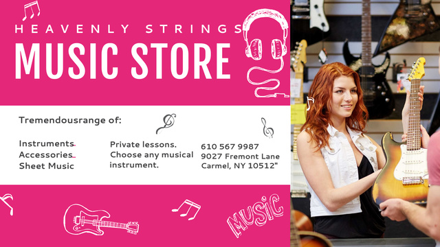 Music Store Ad Seller with Guitar Title 1680x945px Modelo de Design