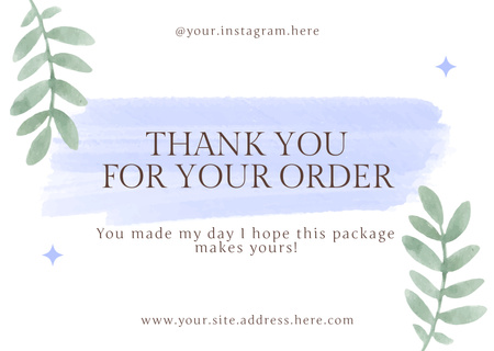 Thank You for Your Order Message with Green Watercolor Leaves Card Design Template