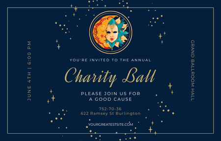 Modèle de visuel Annonce du bal de charité annuel avec masques illustrés - Invitation 4.6x7.2in Horizontal