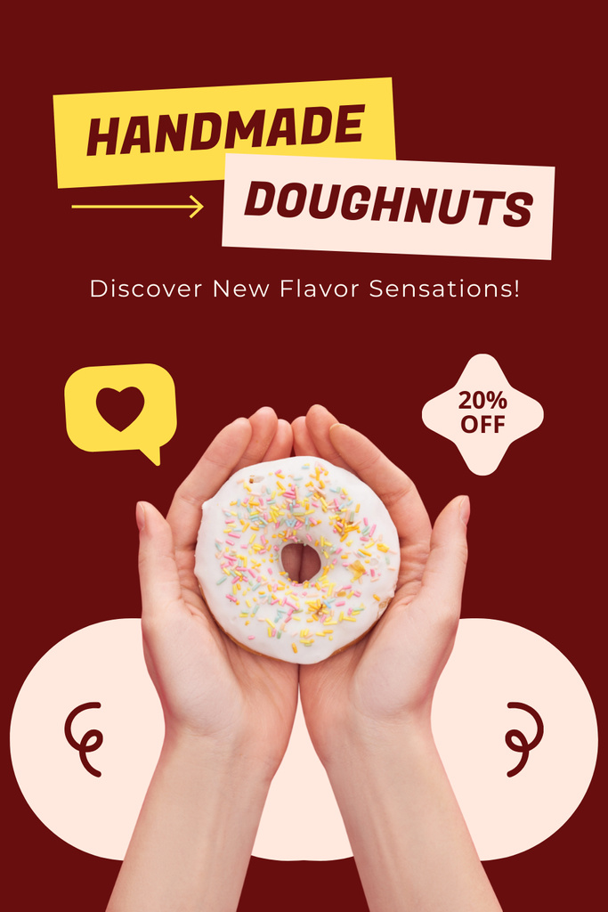 Discount Offer with Handmade Doughnut in Hands Pinterest Design Template