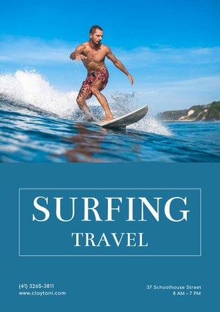 Surfing Tour Offer on Blue Water Background Poster Design Template