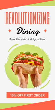 A forradalmasító étkezés szendviccsel a kezében hirdetése Graphic tervezősablon