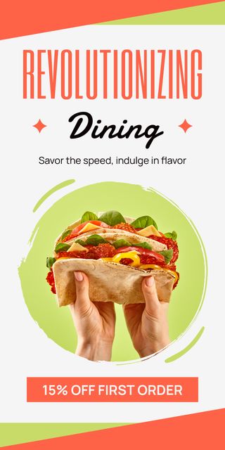 Ad of Revolutionizing Dining with Sandwich in Hands Graphic Modelo de Design