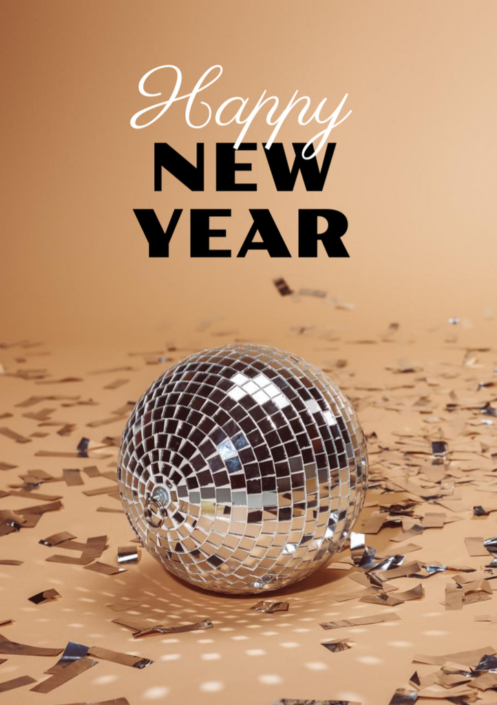 New Year Holiday Greeting with Confetti and Disco Ball Postcard A5 Vertical Tasarım Şablonu