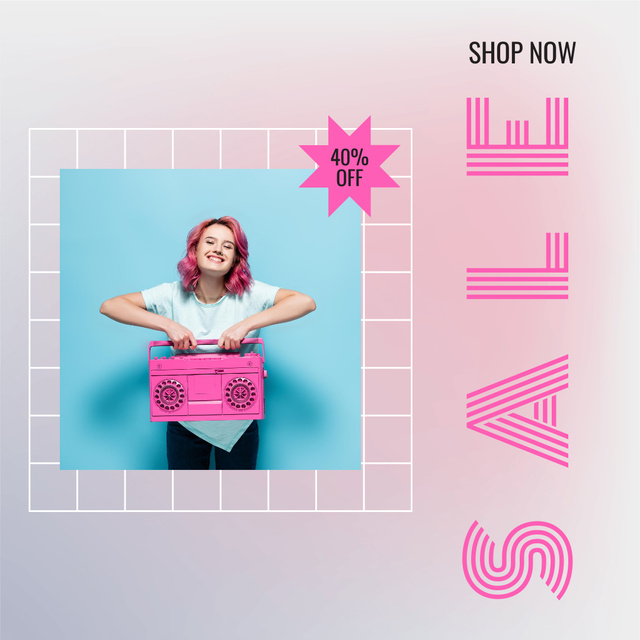Szablon projektu Female Fashion Clothes Sale with Woman with Pink Tape Recorder Instagram