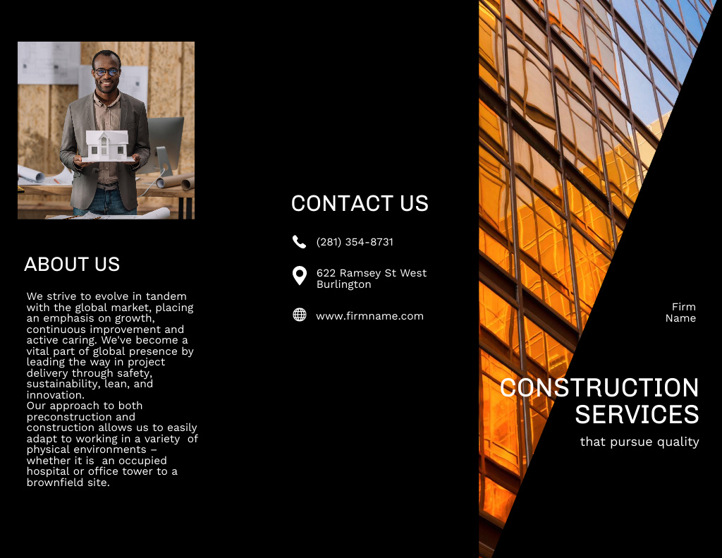 Template di design Construction Company Ad with Handsome Architect Holding Model of House Brochure 8.5x11in