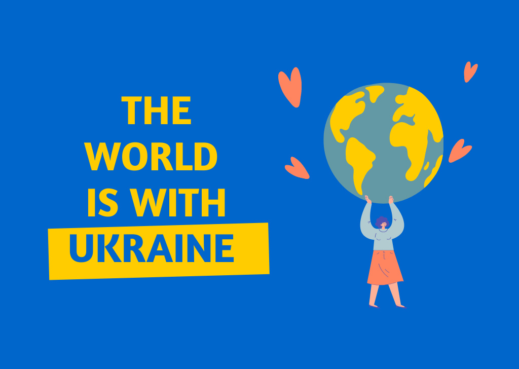 The World is With Ukraine Woman Holding Earth Globe Flyer A6 Horizontalデザインテンプレート