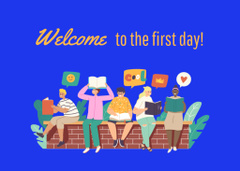 Welcome To First Day of School Congrats In Blue With Characters
