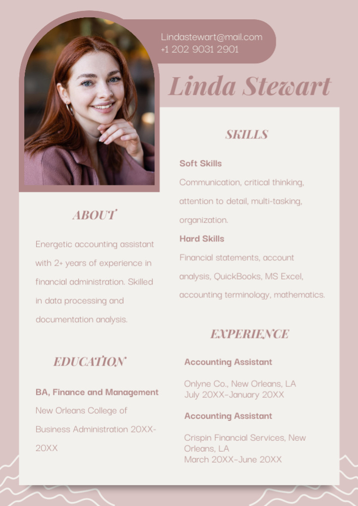 Plantilla de diseño de Accounting Assistant Skills With Work Experience Resume 