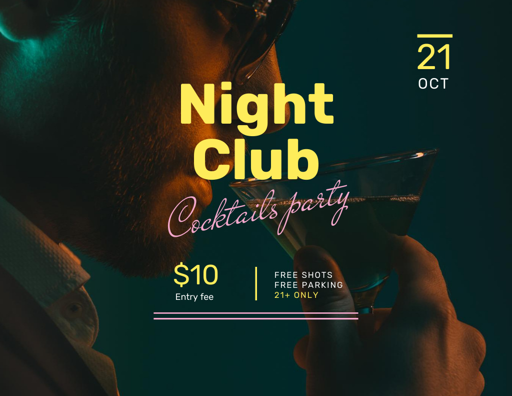 Night Club Cocktail Party Announcement Flyer 8.5x11in Horizontal Design Template